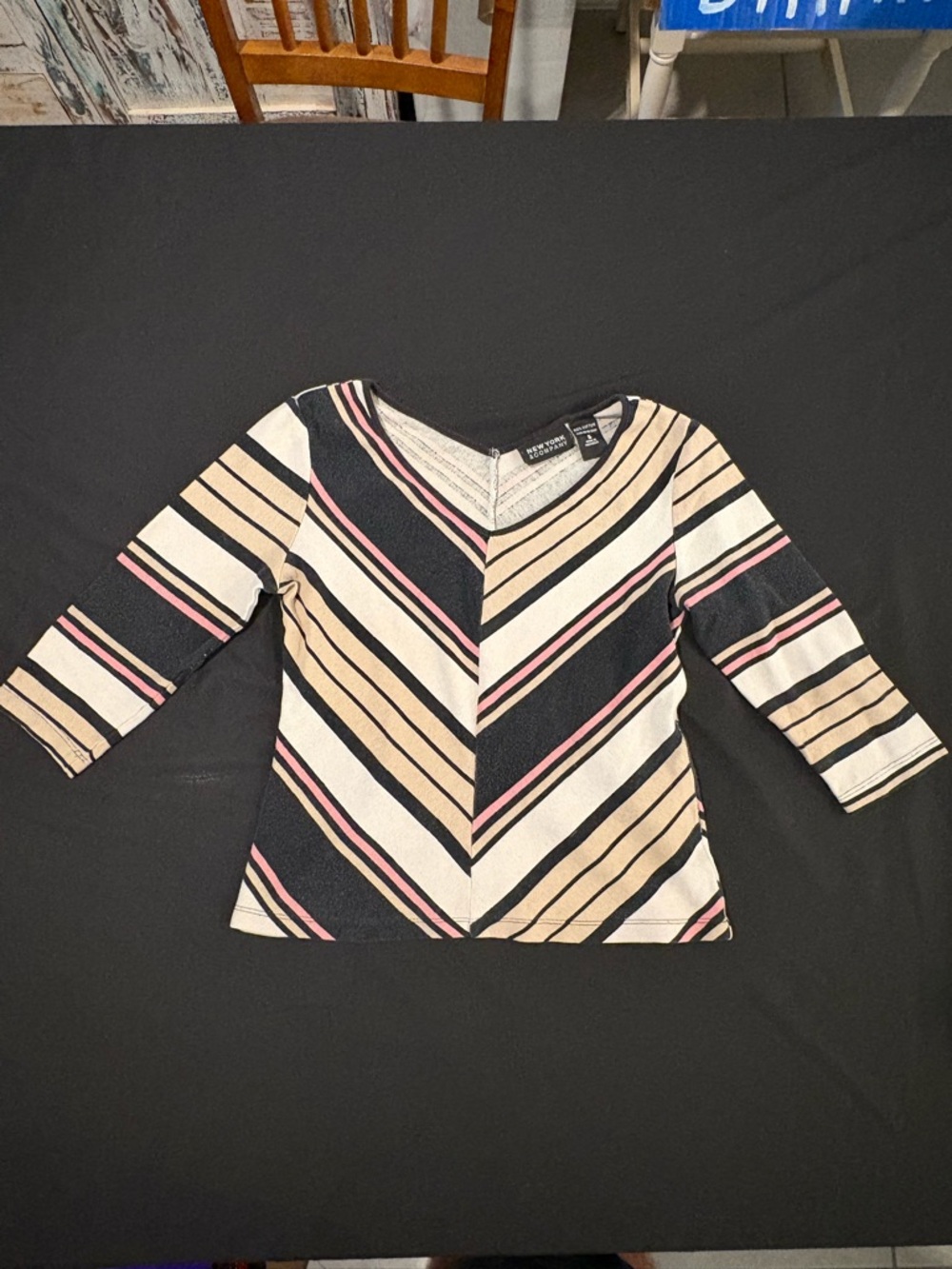 New York & Company Striped V-Neck 3/4 Sleeve Top in Black, Cream, Tan & Pink